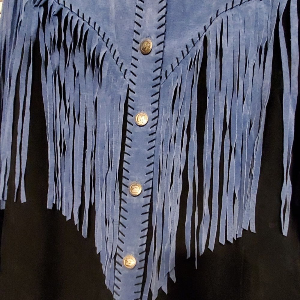 Bob Mackie Blue and Black Suede Fringe Western Jacket - Picture 3 of 10